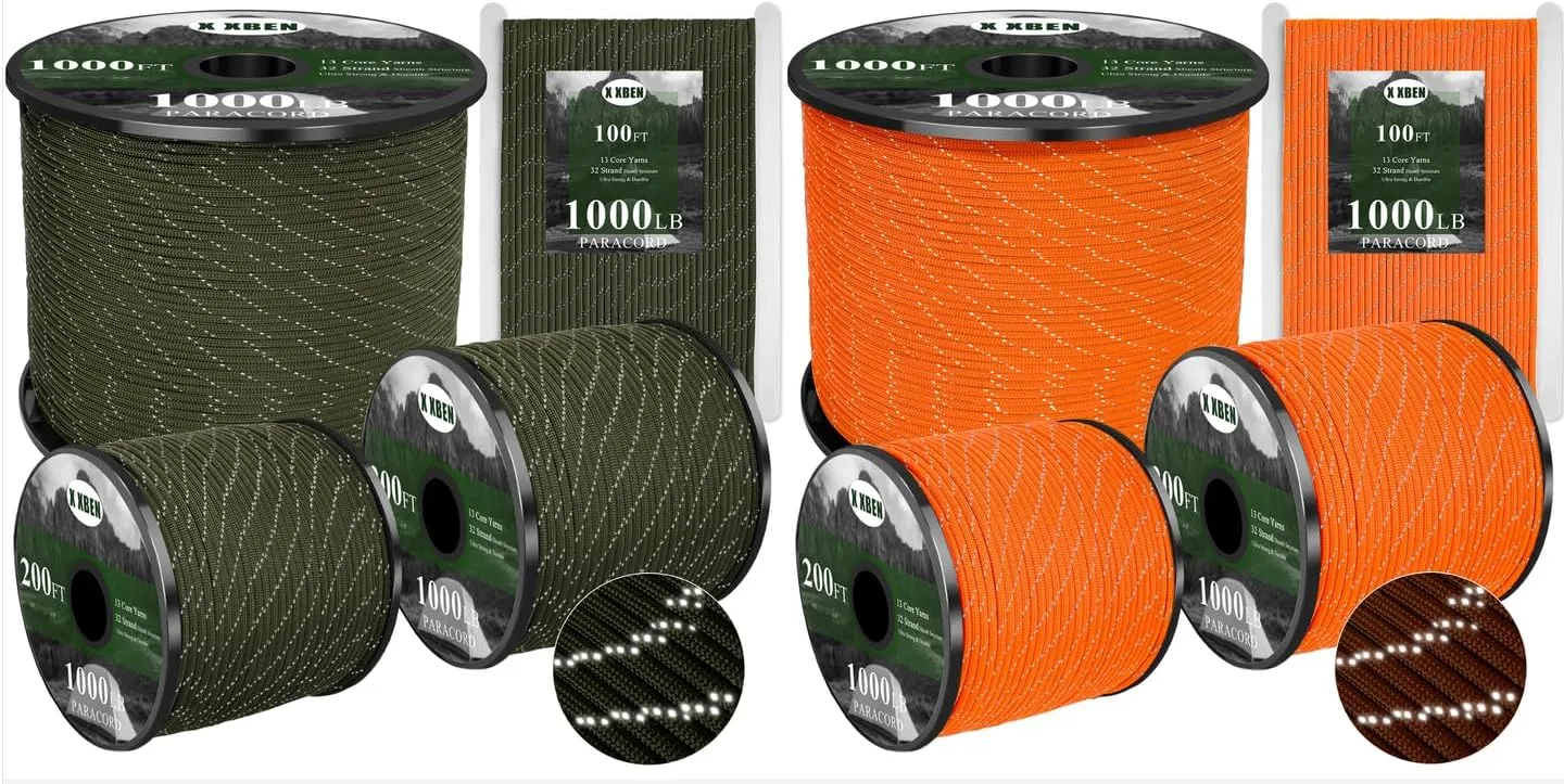 X XBEN Reflective Paracord 1000lb, 50/100/200/500/1000ft 4mm, 13 Strand Parachute Cord, Tactical Paracord Rope for Camping, Fishing, Clothesline, Hammock, Tent & Survival Bracelet
