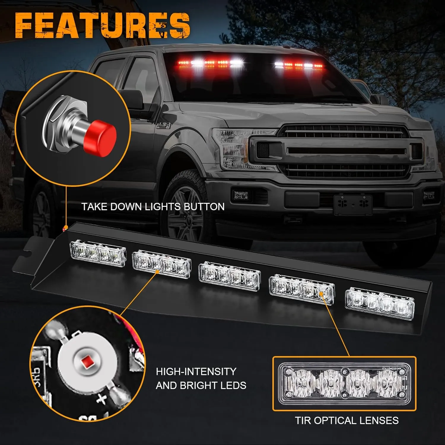 XRIDONSEN 34 inch Emergency Visor Lights 40 LED Red White Strobe Lights Interior Windshield Warning Flashing for Volunteer Firefighter Vehicles Trucks