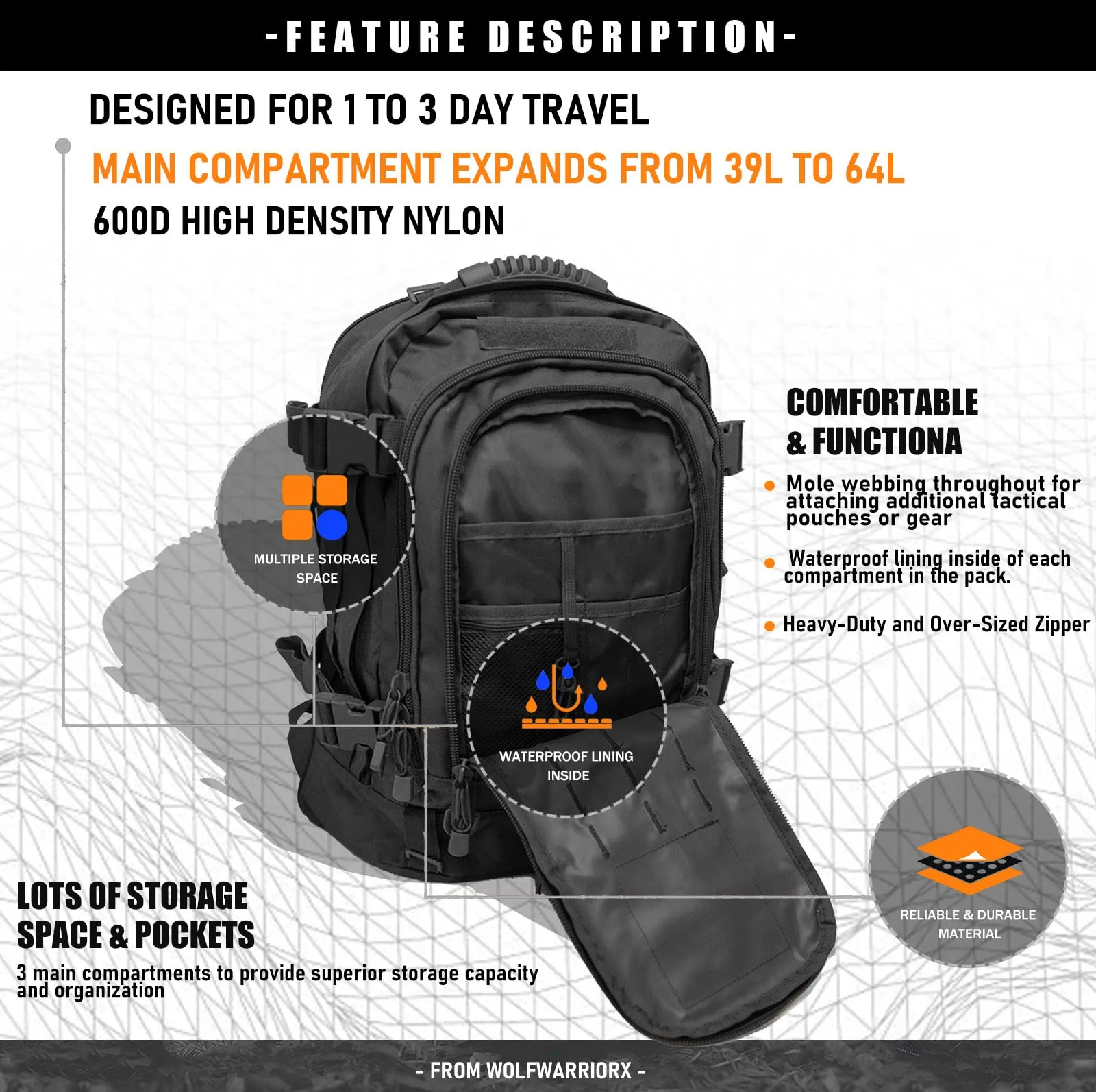 XWL SPORTS | Large Military Tactical Travel Backpack for Men