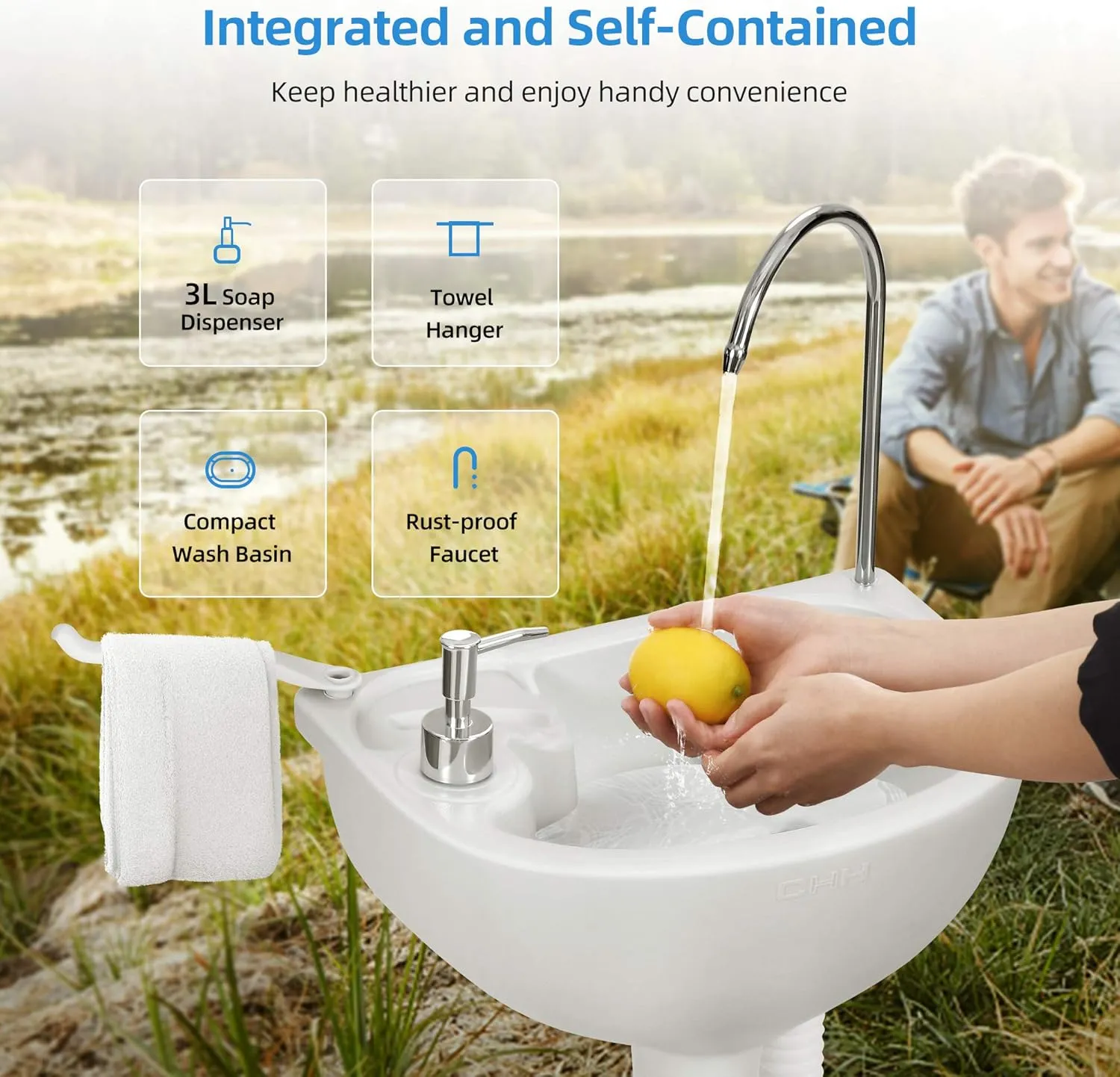 YITAHOME Portable Sink Camping Hand Washing Station with 17 L Wash Basin Stand, Rolling Wheels, Soap Dispenser, Towel Holder, for Outdoor, Travel, Boat, Gather, Garden, Worksite, White