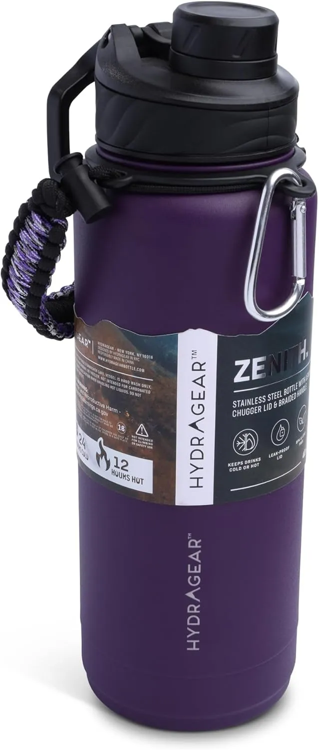 Zenith Chugger Stainless Steel Bottle with Carabiner, Compass, Signal Whistle, and Fire Starter - 40 Oz - Violet Powder Coat