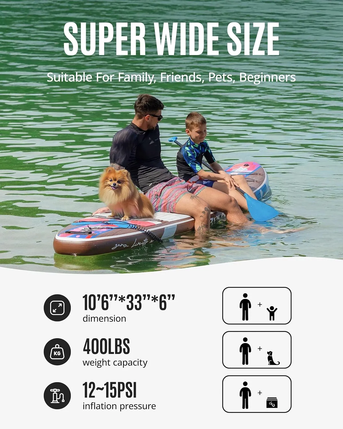 ZLX 10'6" Inflatable Stand Up Paddle Board, Extra Wide Stable Non-Slip Deck Pad, Unique Center Fin, Portable Paddleboard for Adults, Premium SUP for All Skill Levels